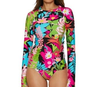Trina Turk Floral Tropical Multicolor Women's Swim Top Long Sleeve Size XL